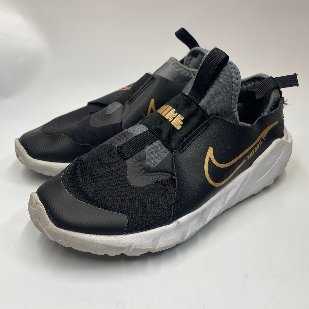 Nike Kids 4Y Flex Runner 2 Shoes GS Black Metallic Gold Slip On Sneakers